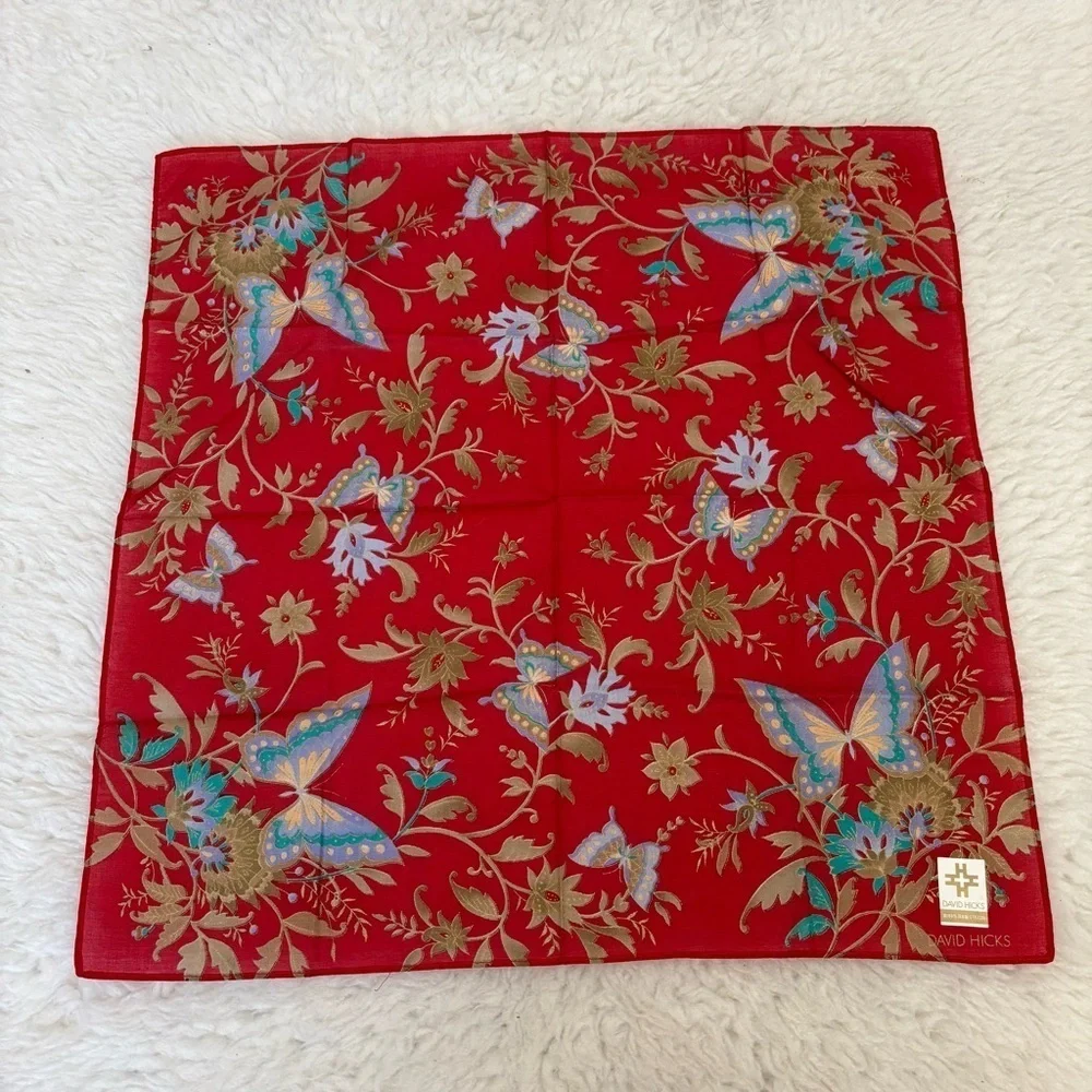David Hicks Red Floral Butterfly Handkerchief/Bandanna/Scarf 16.5”